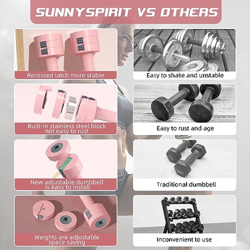 SunnySpirit 조정 가능한 무게 핑크 덤벨 세트, 여성용 프리 웨이트 세트, 한 쌍의 4lb 6lb 8lb 10lb 조정 가능한 덤벨 덤벨 남성용 2개 세트 청소년 홈 체육관 장비 근력 훈련