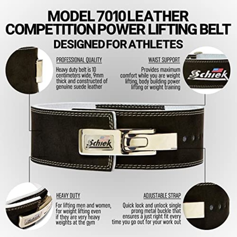 Schiek Sports 7010 레버 경쟁 파워 역도 벨트 - 스틸 레버 금속 버클이 있는 스웨이드 가죽 리프팅 벨트