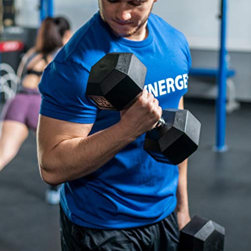 Synergee 고무로 감싼 크롬 손잡이가 있는 육각형 덤벨. 근력 및 컨디셔닝 훈련을 위한 다용도 웨이트를 개별적으로 판매합니다. 사용 가능한 크기는 2.5lbs에서 50lbs입니다.