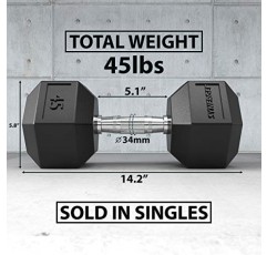 Synergee 고무로 감싼 크롬 손잡이가 있는 육각형 덤벨. 근력 및 컨디셔닝 훈련을 위한 다용도 웨이트를 개별적으로 판매합니다. 사용 가능한 크기는 2.5lbs에서 50lbs입니다.