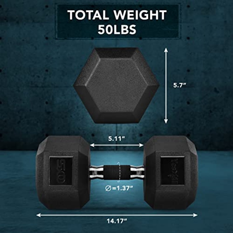 Yes4All 고무 그립에 싸인 육각 덤벨 – 미끄럼 방지 기능이 있는 핸드 웨이트 5-50 LBS 싱글