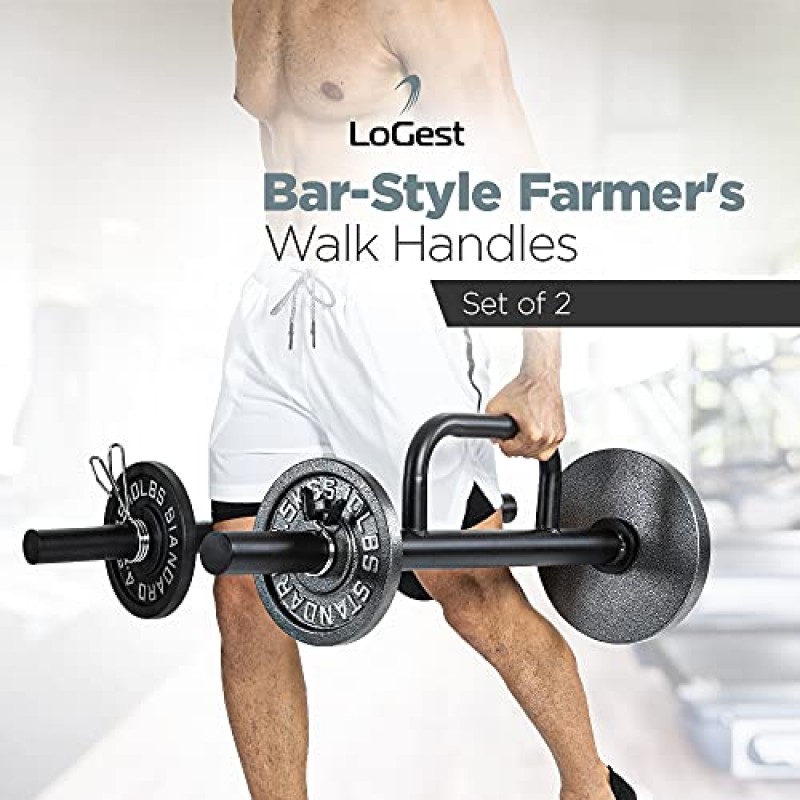 LoGest Farmer Walk Handles - 2개의 Farmers Carry Handles with Clip Collars 세트 - 둔부 종아리 쿼드 등을 목표로 하는 휴대용 운동 장비 그립 강도 향상 보디빌딩 운동에 이상적
