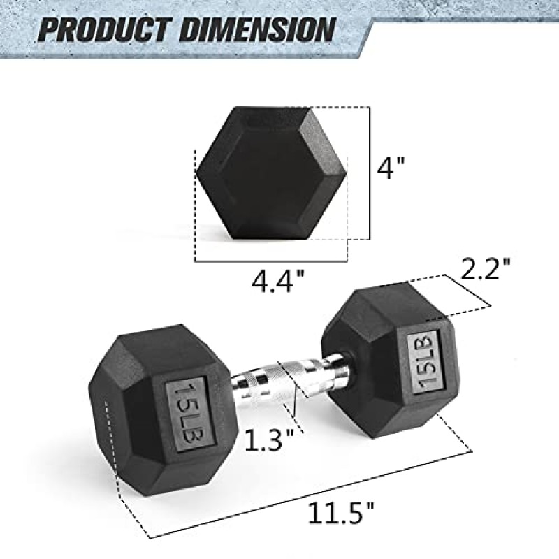 RitFit 5-300LBS 홈 체육관용 옵션 랙이 포함된 고무로 둘러싸인 육각 덤벨 세트, 근력 훈련, 운동을 위한 코팅된 손 웨이트