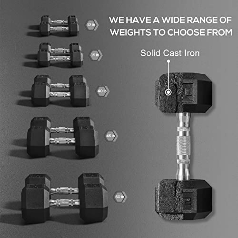 Soozier Hex Dumbbells 2개 세트, 고무 무게 운동 피트니스 덤벨, 미끄럼 방지 핸들, 안티롤, 여성용 또는 남성용 홈 체육관 운동, 2 x 15lbs
