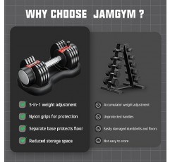 JamGym 조정 가능한 덤벨 세트, 25LB 단일 덤벨 무게, 미끄럼 방지 금속 손잡이가 있는 5 in 1 프리 웨이트 운동 장비, 남성용 및 여성용 홈 체육관용 운동 장비