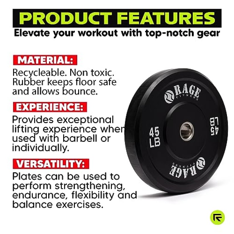 RAGE Fitness 올림픽 범퍼 플레이트(10lb, 15lb, 25lb, 35lb, 45lb - 개별 판매), 강철 인서트가 포함된 고무 포뮬러, 근력 운동, 벤치 프레스, 스쿼트, 파워리프팅, 웨이트 트레이닝, 홈 체육관