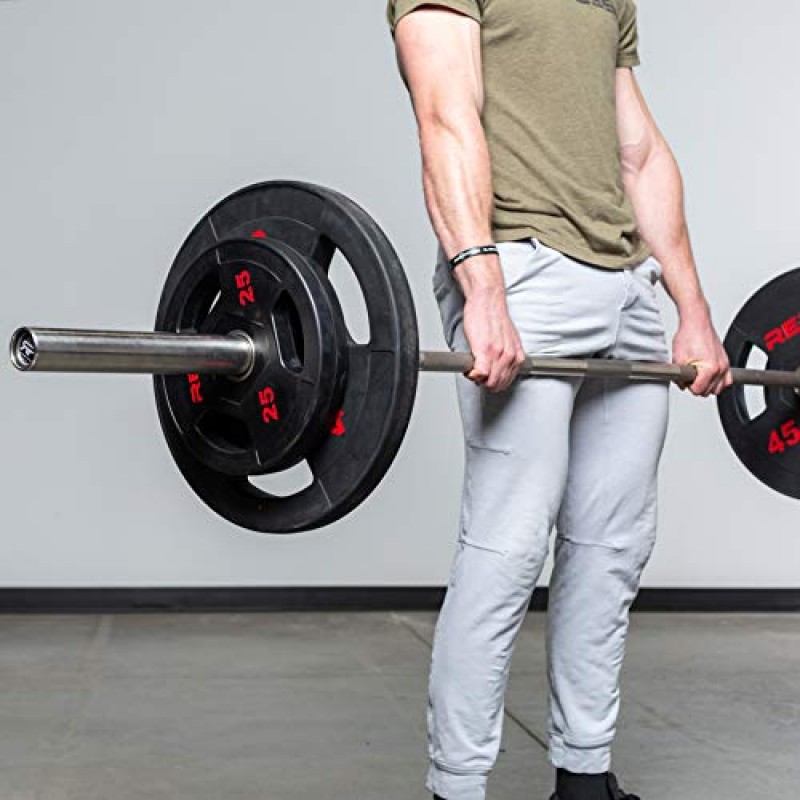 REP FITNESS 고무 코팅 올림픽 플레이트, 업데이트된 디자인 - 트라이 그립 올림픽 바벨 웨이트 – 쌍 및 세트로 판매…