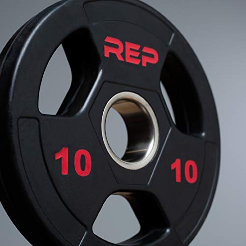 REP FITNESS 고무 코팅 올림픽 플레이트, 업데이트된 디자인 - 트라이 그립 올림픽 바벨 웨이트 – 쌍 및 세트로 판매…