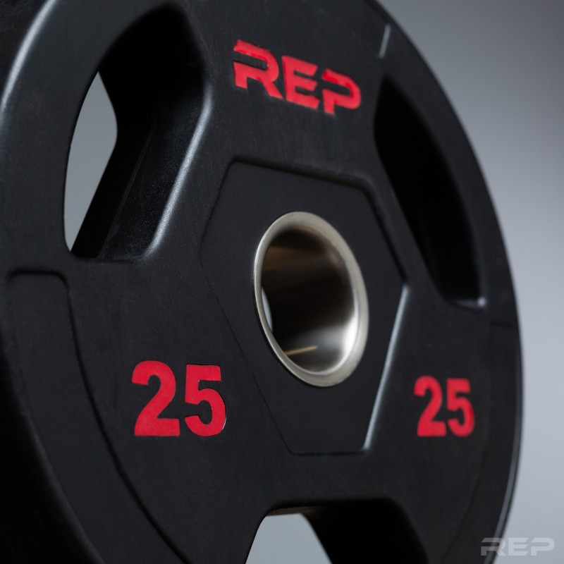 REP FITNESS 고무 코팅 올림픽 플레이트, 업데이트된 디자인 - 트라이 그립 올림픽 바벨 웨이트 – 쌍 및 세트로 판매…