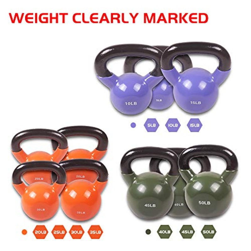 DDG FITNESS POWERT 비닐 코팅 주철 케틀벨 무게 5/10/15/20/25/30/35/40/45/50lbs--싱글