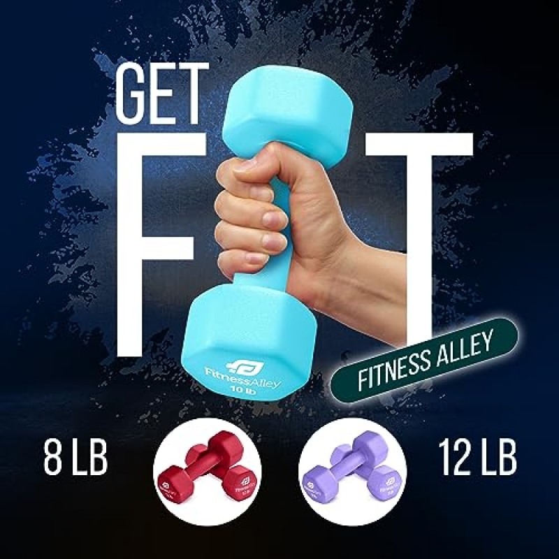 Fitness Alley 네오프렌 운동 아령 - 미끄럼 방지, 롤 방지 운동 및 피트니스 아령 콤보 - 남성 및 여성용 육각형 핸드 웨이트 - 가정 및 체육관 훈련에 이상적