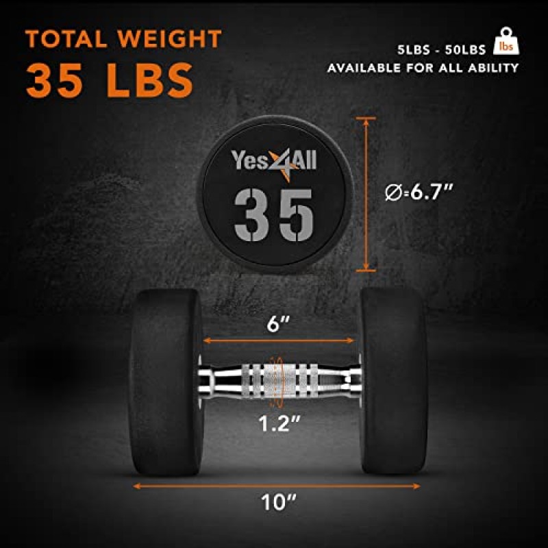 Yes4All 근육 강화를 위한 미끄럼 방지 널링 손잡이가 있는 우레탄 덤벨 5-50LBS - 개별 판매