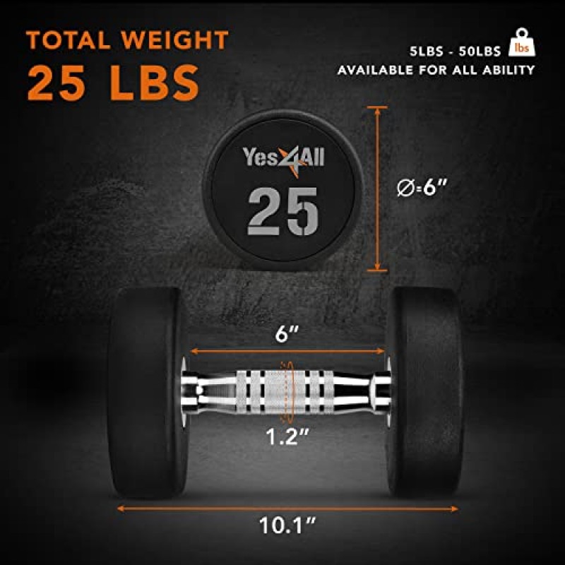 Yes4All 근육 강화를 위한 미끄럼 방지 널링 손잡이가 있는 우레탄 덤벨 5-50LBS - 개별 판매