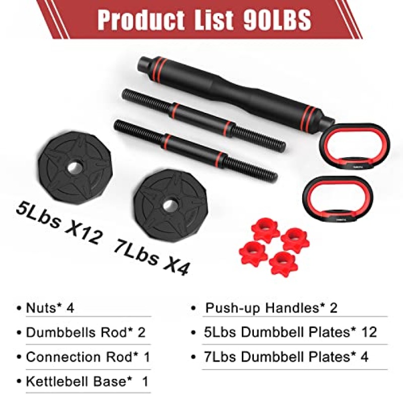 PINROYAL 4 in 1 조정 가능한 덤벨 세트, 44LB/50LB/70LB/90LB 프리 웨이트 덤벨 세트(바벨로 사용되는 연결 막대 포함), Kettlebells용 미끄럼 방지 핸들 및 베이스, 남성 여성용 피트니스 홈 체육관