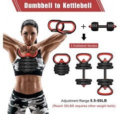 PINROYAL 4 in 1 조정 가능한 덤벨 세트, 44LB/50LB/70LB/90LB 프리 웨이트 덤벨 세트(바벨로 사용되는 연결 막대 포함), Kettlebells용 미끄럼 방지 핸들 및 베이스, 남성 여성용 피트니스 홈 체육관