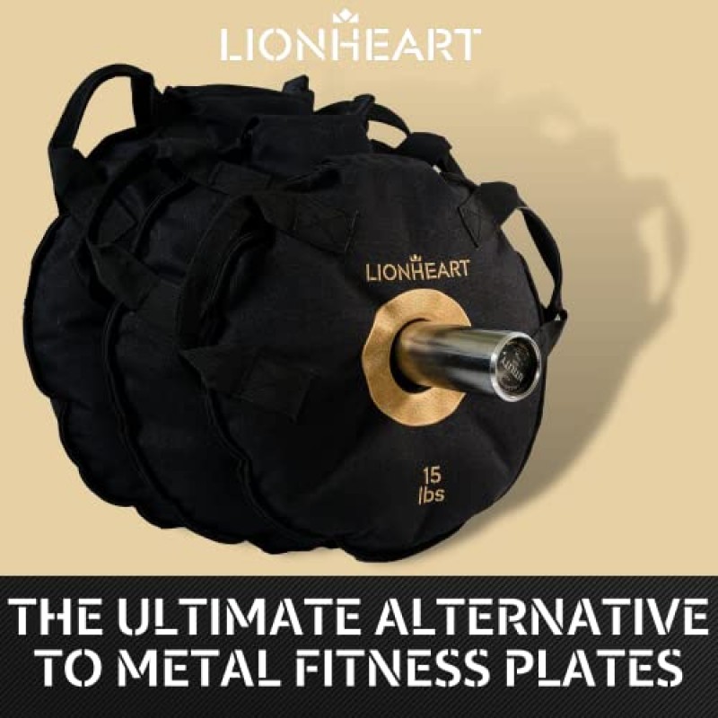 Lionheart 샌드 웨이트 러크 플레이트 2개 세트, 온/오프 바벨 역도 장비, 샌드백 운동 가방 여행용 범퍼 플레이트, 홈 체육관 훈련 및 운동, 10-45 lb 플레이트 채워지지 않은 상태로 판매