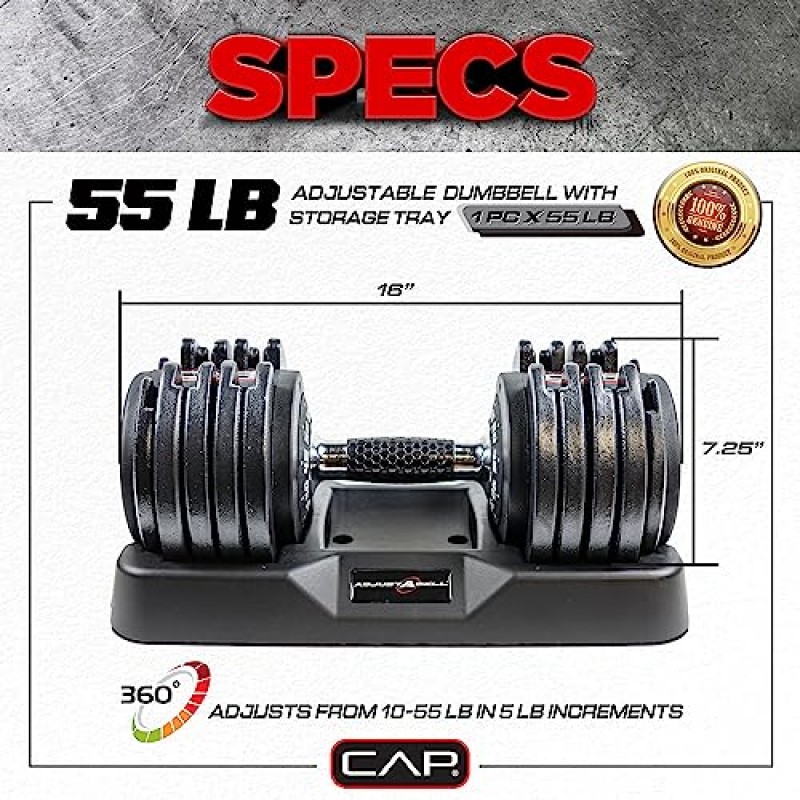CAP 바벨 55lb 단일 조절식 덤벨, 윤곽이 있는 전체 회전 핸들, 벌집형 검정색 및 크롬 핸들(SDBAIS-055G6)