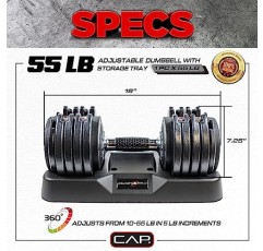 CAP 바벨 55lb 단일 조절식 덤벨, 윤곽이 있는 전체 회전 핸들, 벌집형 검정색 및 크롬 핸들(SDBAIS-055G6)