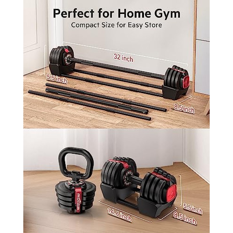 DR.GYMLEE 3-in-1 독특한 디자인 1S 조정 가능한 덤벨 바벨 Kettlebell 홈 체육관용 12 무게 멀티 웨이트 운동을 위한 8개의 안전 잠금 장치 및 미끄럼 방지 핸들이 있는 컴팩트 사이즈 남성 여성 초보자