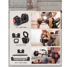 DR.GYMLEE 3-in-1 독특한 디자인 1S 조정 가능한 덤벨 바벨 Kettlebell 홈 체육관용 12 무게 멀티 웨이트 운동을 위한 8개의 안전 잠금 장치 및 미끄럼 방지 핸들이 있는 컴팩트 사이즈 남성 여성 초보자
