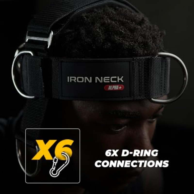 Iron Neck Alpha Plus 훈련 하네스 – 목 웨이트 운동 하네스 – 역도 테더가 있는 조절 가능한 머리 하네스 – 선형 및 회전 목 운동으로 목 강도 향상