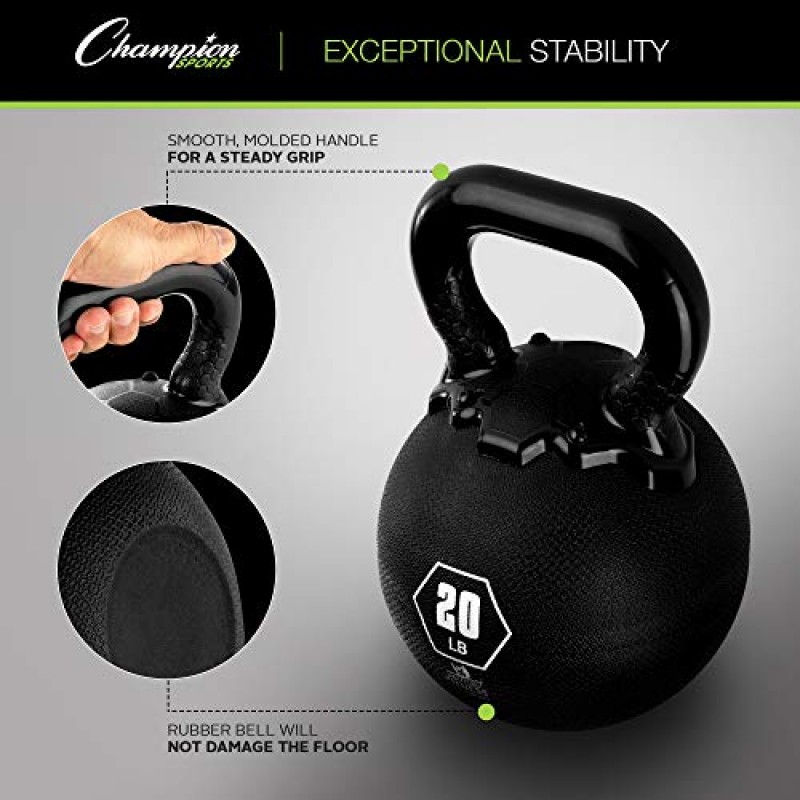 Champion Sports Rhino 케틀벨 고무 웨이트, 블랙 - 프리미엄 근력 훈련 장비 - 다양한 웨이트