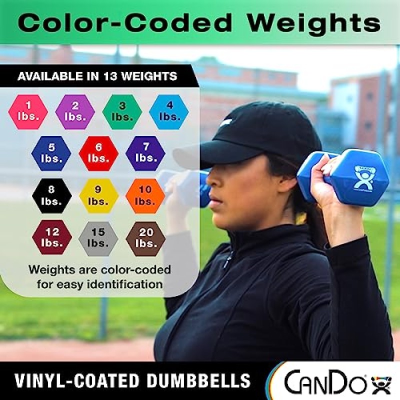 CanDo 비닐 코팅 덤벨 5쌍, 각 2개 1lb, 2lb, 3lb, 4lb, 5lb 벽면 보관 랙 포함 근육 훈련 및 운동을 위한 휴대용 무게, 색상으로 구분된 안티롤 홈 체육관 장비