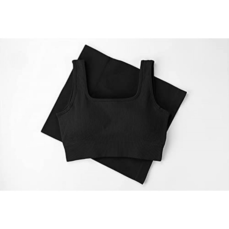 QINSEN 여성용 운동 세트 2 Piece Seamless Ribbed Crop Tank 하이 웨이스트 반바지 요가 의상