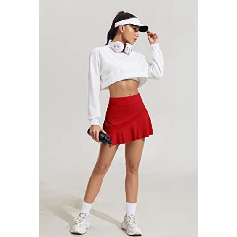 여성용 Ekouaer 테니스 스커트 Pleated Athletic Golf Skorts 스커트(반바지 주머니 포함) 경량 러닝 운동 스커트