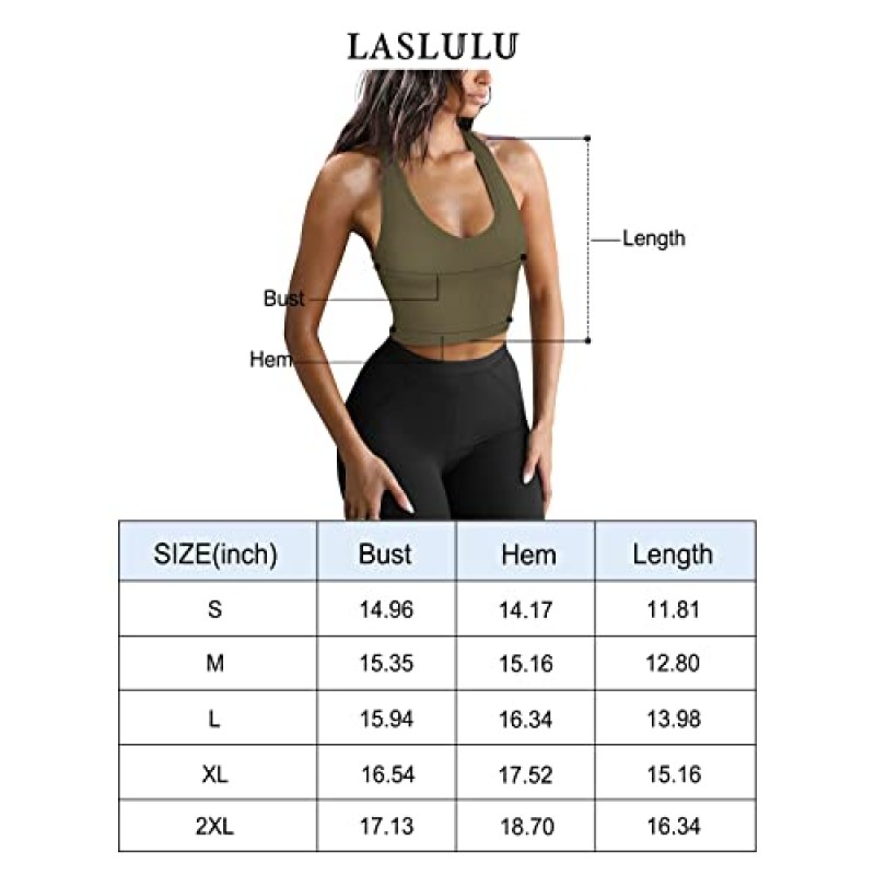 LASLULU Womens 스포츠 브래지어 Racerback 운동 셔츠 늑골이있는 V 넥 패딩 원활한 요가 탱크 탑 피트니스 운동 자르기 탑