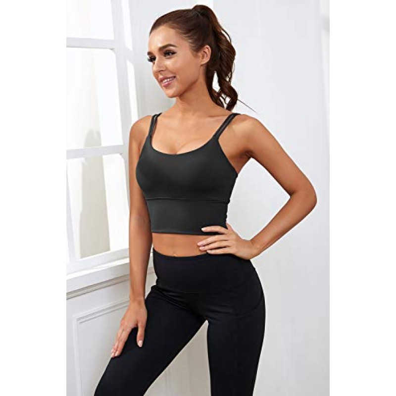 Everrysea Womens Longline 스포츠 브라 패딩 요가 운동 자르기 탱크 탑 Strappy Camisole Fitness Shirts