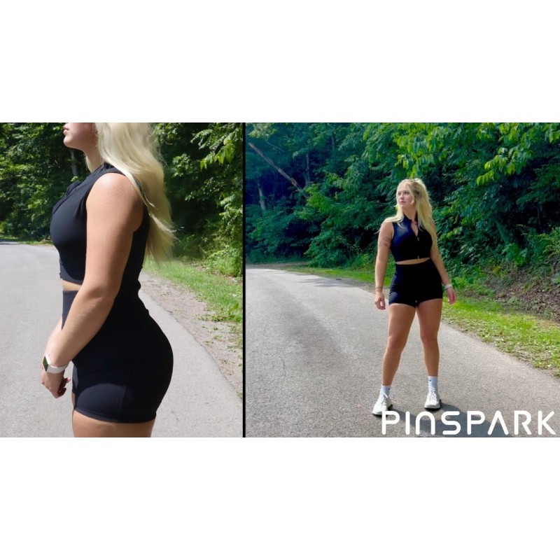 여성용 Pinspark 운동 세트 골지 체육관 의상 Activewear 지퍼 크롭 탑 및 하이 웨이스트 반바지 포켓이 있는 2피스 세트