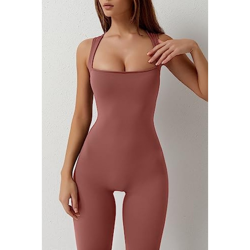 QINSEN 여성용 플레어 점프 슈트 Strappy Square Neck Bodycon 전체 길이 롱 팬츠 캐주얼 Playsuit