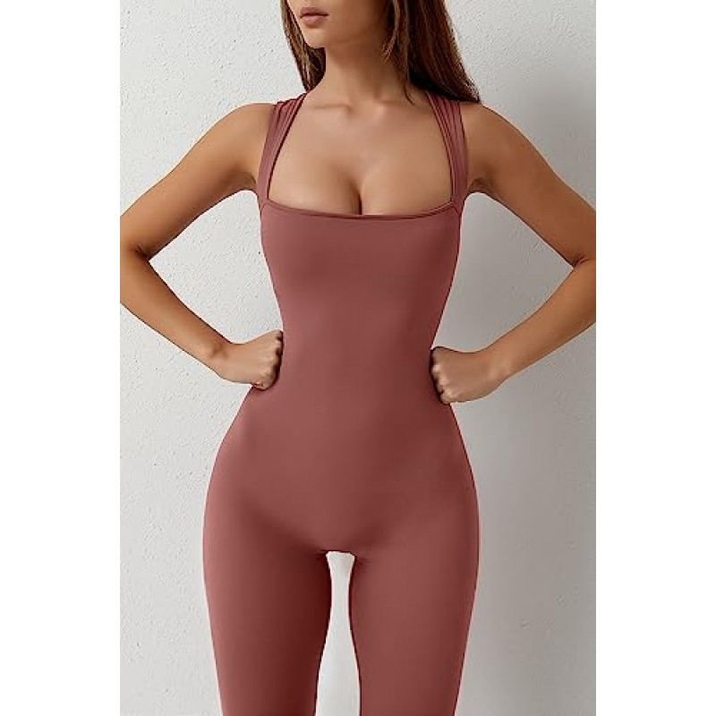 QINSEN 여성용 플레어 점프 슈트 Strappy Square Neck Bodycon 전체 길이 롱 팬츠 캐주얼 Playsuit