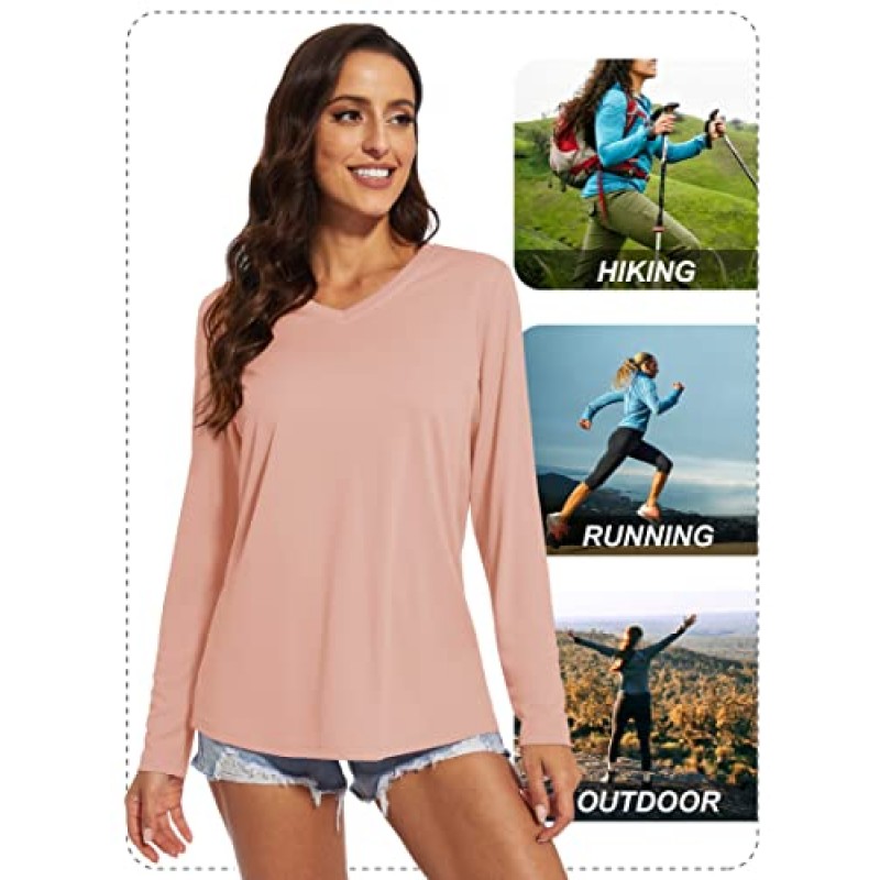 MAGCOMSEN 여성용 UPF 50+ 긴 소매 셔츠 v 넥 자외선 차단 셔츠 하이킹 야외 퍼포먼스 티 러닝 운동