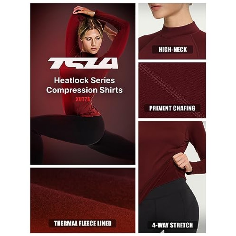 TSLA 1 또는 2팩 여성용 보온 긴팔 탑, 모의 터틀 & 크루넥 셔츠, 플리스 안감 압축 베이스 레이어