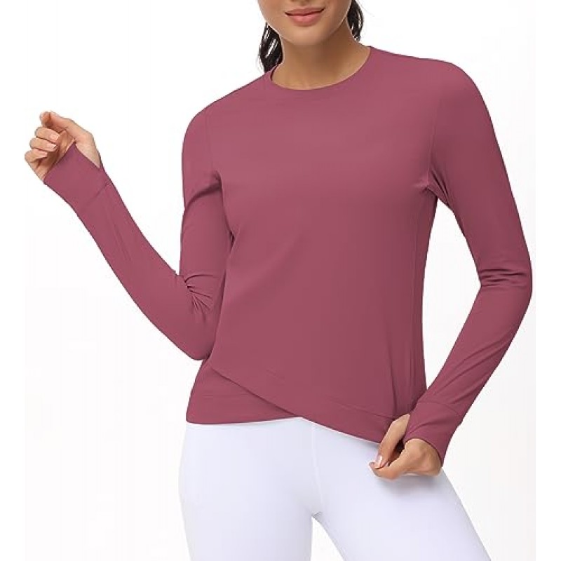 여성용 긴 소매 압축 셔츠 운동 탑 크로스 밑단 엄지 구멍이 있는 운동 달리기 요가 티셔츠
