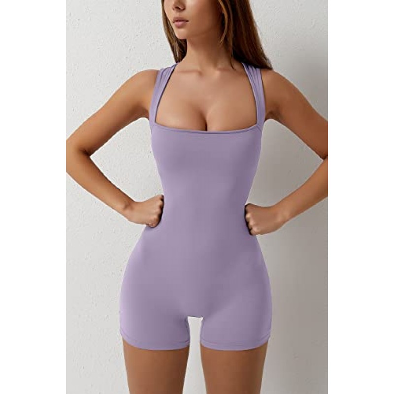 QINSEN Womens Strappy Square Neck 탱크 탑 Tummy Control Bodycon 스트레치 반바지 점프 슈트 로퍼