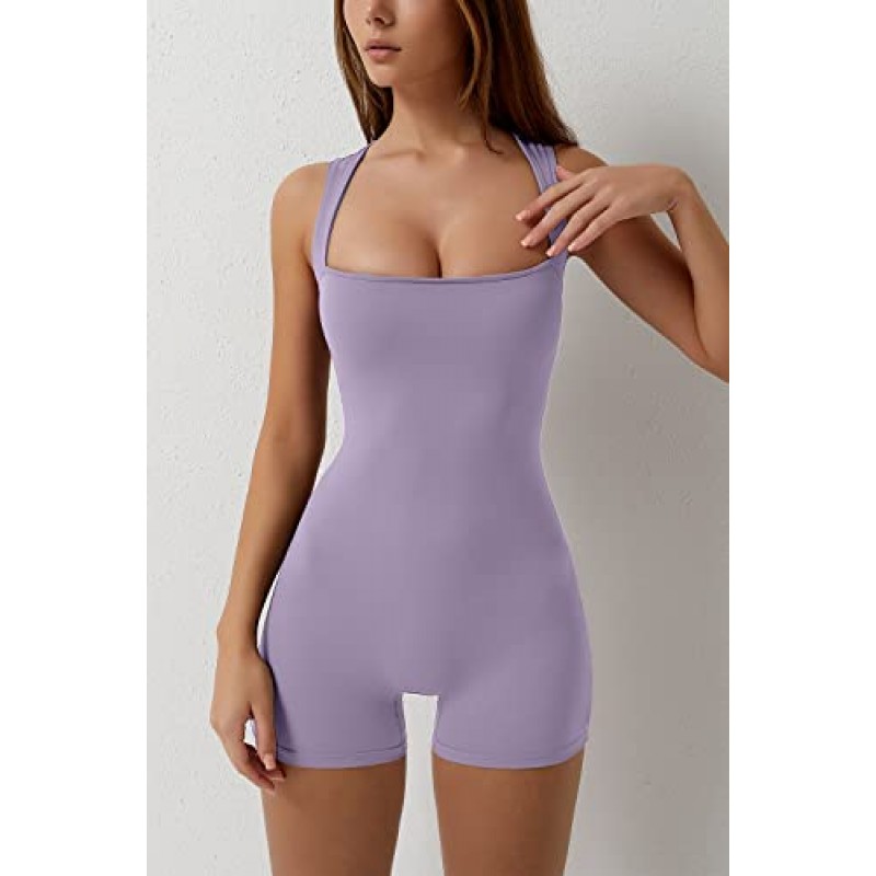 QINSEN Womens Strappy Square Neck 탱크 탑 Tummy Control Bodycon 스트레치 반바지 점프 슈트 로퍼