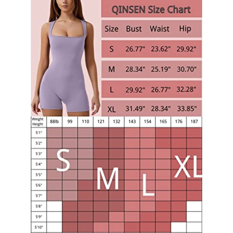 QINSEN Womens Strappy Square Neck 탱크 탑 Tummy Control Bodycon 스트레치 반바지 점프 슈트 로퍼