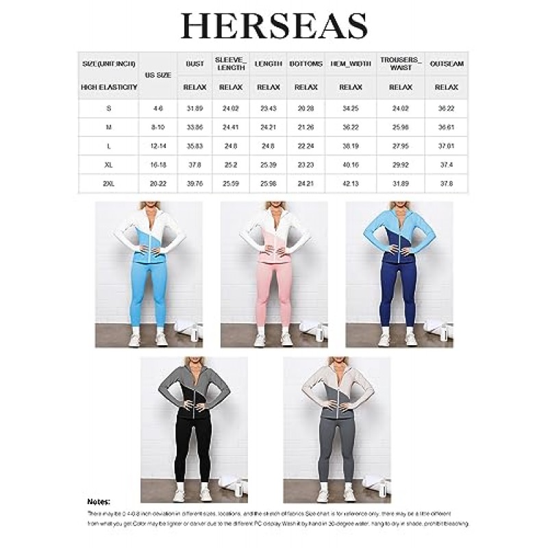 Herseas 여성 2피스 운동 세트 컬러블록 체육관 세트 모크 넥 재킷 & 레깅스 트랙수트
