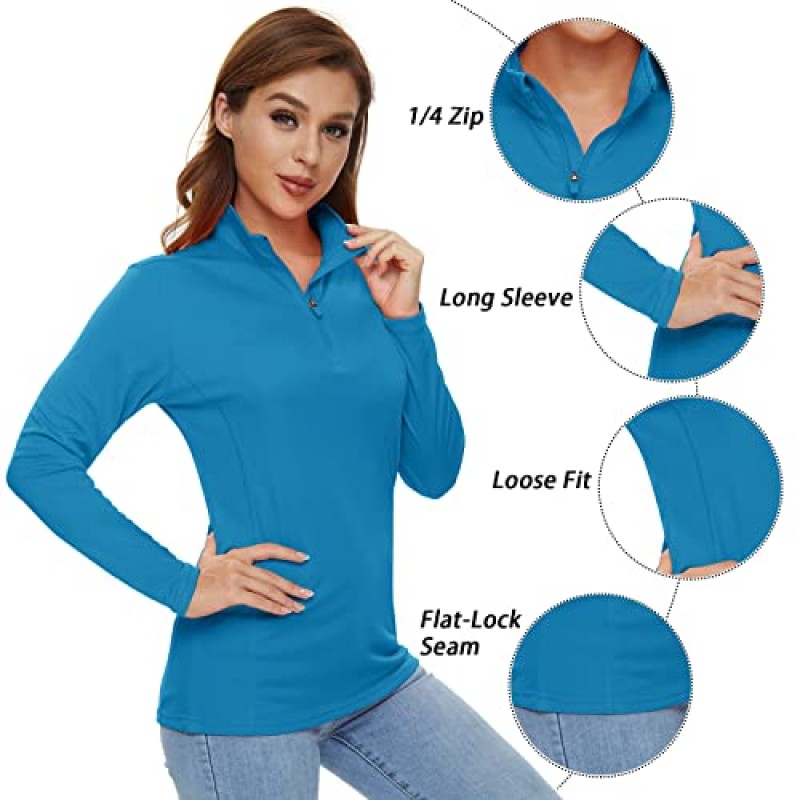 CRYSULLY 여성용 긴 소매 셔츠 썬 프로텍션 1/4 지퍼 여름 퀵 드라이 하이킹 셔츠
