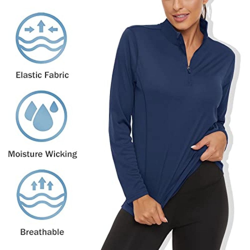 BIYLACLESEN 여성용 UPF50+ 자외선 차단 셔츠 긴 소매 빠른 건조 운동 탑 1/4 지퍼 운동 달리기 하이킹 셔츠