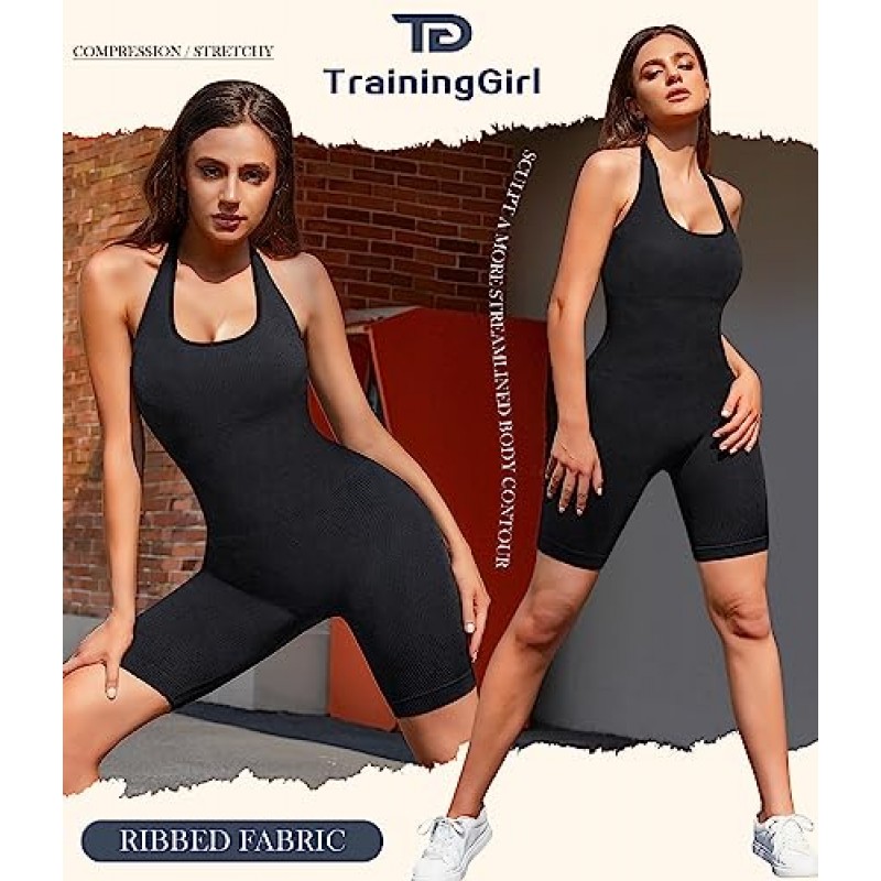 TrainingGirl 여성 요가 점프 슈트 홀터 스포츠 로퍼 반바지 립 원피스 바디 슈트 Seamless Bodycon Workout Gym Activewear