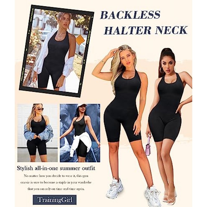 TrainingGirl 여성 요가 점프 슈트 홀터 스포츠 로퍼 반바지 립 원피스 바디 슈트 Seamless Bodycon Workout Gym Activewear