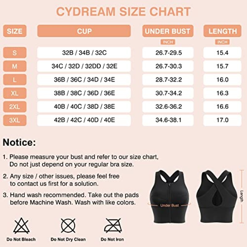CYDREAM 여성용 지퍼 프론트 롱 라인 스포츠 브라 무선 패딩 요가 러닝 탱크 탑 크리스 크로스 백 운동 피트니스 크롭 탑