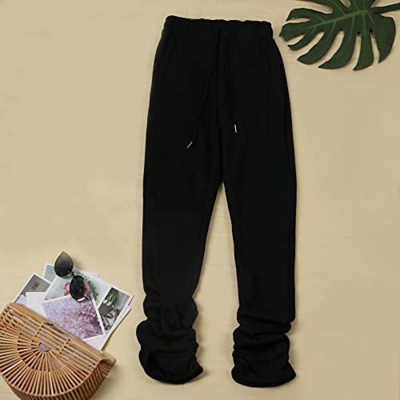 Womens Stacked Fleece Sweatpants 셰르파 라이닝 두꺼운 따뜻한 운동 활성 조깅 셔링 라운지 바지