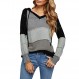 FEKOAFE 여성 2023 가을 스트라이프 컬러 블록 후드 패션 V 넥 니트 스웨터 풀오버