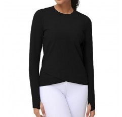여성용 긴 소매 압축 셔츠 운동 탑 크로스 밑단 엄지 구멍이 있는 운동 달리기 요가 티셔츠