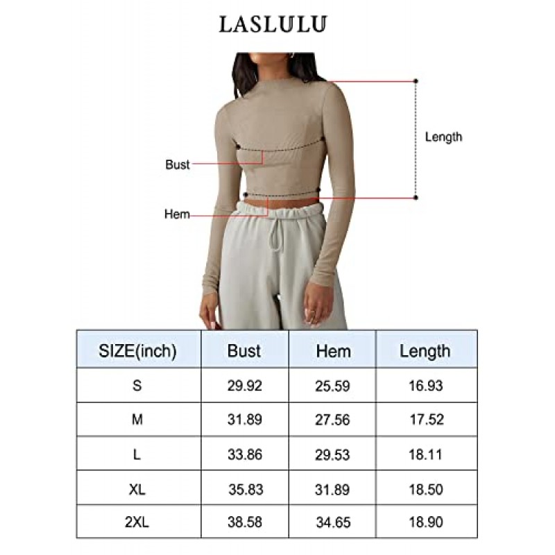 LASLULU Womens Seamless Workout Top 긴 소매 늑골이있는 요가 러닝 셔츠 자른 운동 셔츠 Slim Fit Crop Tops